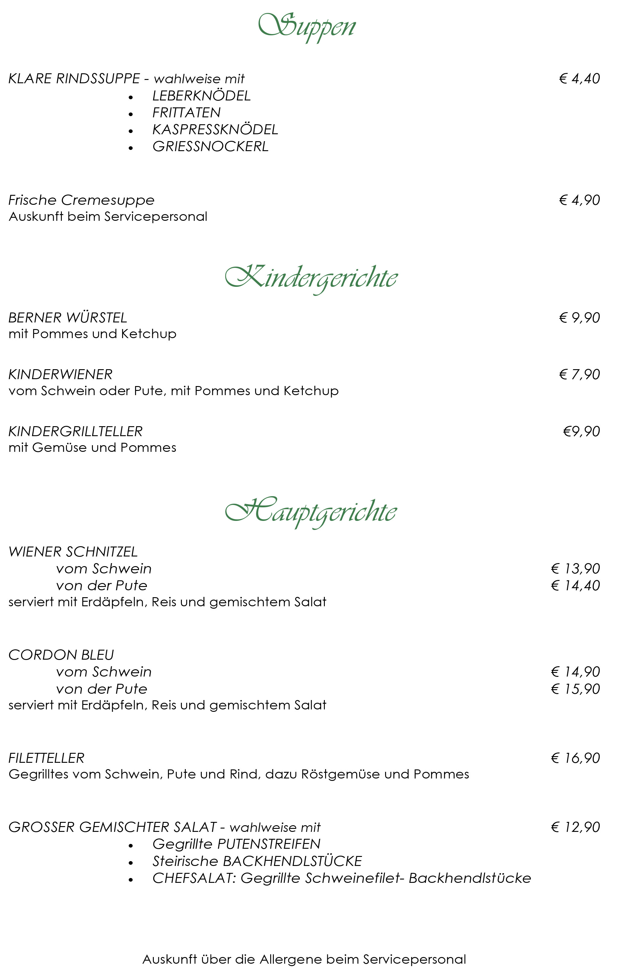 Speisekarte Seite 1